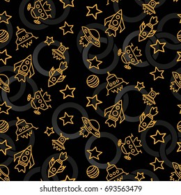 Space,  star,  spaceship,  unidentified flying object,  pattern. Background texture, Vector illustration. Children's drawing in pencil.
