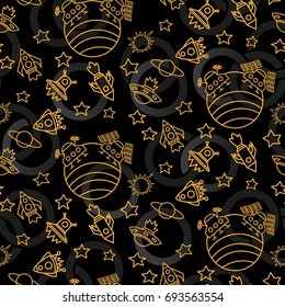 Space,  star,  spaceship,  unidentified flying object,  pattern. Background texture, Vector illustration. Children's drawing in pencil.