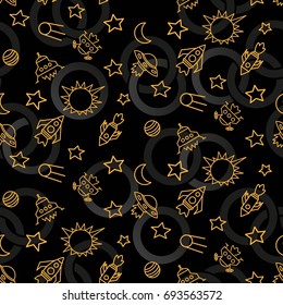 Space,  star,  spaceship,  unidentified flying object,  pattern. Background texture, Vector illustration. Children's drawing in pencil.