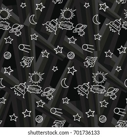 Space,  star,  spaceship,  unidentified flying object,  pattern. Background texture, Vector illustration. Children's drawing in pencil.