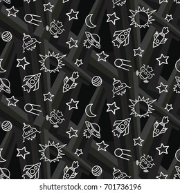 Space,  star,  spaceship,  unidentified flying object,  pattern. Background texture, Vector illustration. Children's drawing in pencil.