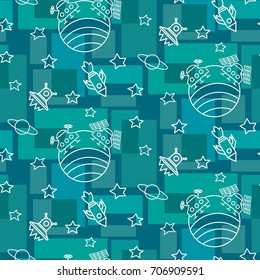 Space,  star,  spaceship,  unidentified flying object,  pattern. Background texture, Vector illustration. Children's drawing in pencil.