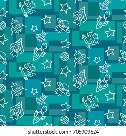 Space,  star,  spaceship,  unidentified flying object,  pattern. Background texture, Vector illustration. Children's drawing in pencil.