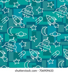 Space,  star,  spaceship,  unidentified flying object,  pattern. Background texture, Vector illustration. Children's drawing in pencil.