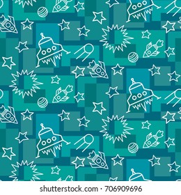 Space,  star,  spaceship,  unidentified flying object,  pattern. Background texture, Vector illustration. Children's drawing in pencil.