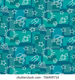 Space,  star,  spaceship,  unidentified flying object,  pattern. Background texture, Vector illustration. Children's drawing in pencil.