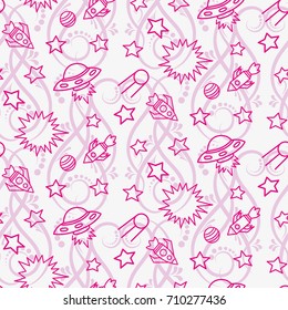 Space,  star,  spaceship,  unidentified flying object,  pattern. Background texture, Vector illustration. Children's drawing in pencil.