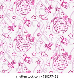 Space,  star,  spaceship,  unidentified flying object,  pattern. Background texture, Vector illustration. Children's drawing in pencil.