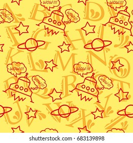Space, star, spaceship and unindentified flying object pattern. Background texture, Vector illustration. Children's drawing with pencil.