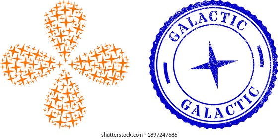 Space star swirl burst, and blue round GALACTIC rubber stamp imitation with icon inside. Object flower with 4 petals created from oriented space star symbols. Vector flower collage in flat style.