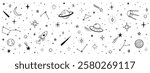 Space star vector kid background. Hand drawn doodle sketch style star space cute galaxy background. Hand drawn kid galaxy universe doodle pattern. Planet, rocket, moon element. Vector illustration.