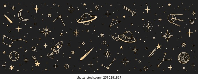 Space star vector kid universe background. Hand drawn doodle sketch style space cute galaxy background. Hand drawn kid galaxy universe pattern. Planet, rocket, star element. Vector illustration