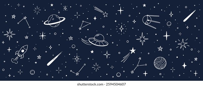 Space star vector kid universe background. Hand drawn doodle sketch style space cute galaxy background. Hand drawn kid galaxy universe pattern. Planet, rocket, star element. Vector illustration