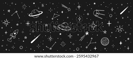 Space star vector kid universe background. Hand drawn doodle sketch style space cute galaxy background. Hand drawn kid galaxy universe pattern. Planet, rocket, star element. Vector illustration