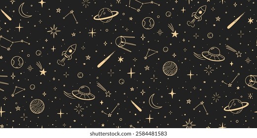 Space star vector seamless pattern. Hand drawn doodle sketch line style galaxy planet star, rocket, moon cute kid seamless pattern. Space planet kid doodle background. Vector illustration