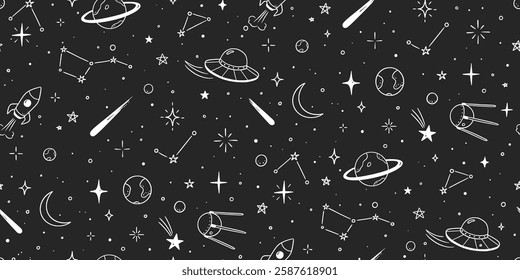 Space star vector seamless pattern. Hand drawn doodle sketch line style galaxy planet star, rocket, moon cute kid seamless pattern. Space planet kid doodle background. Vector illustration