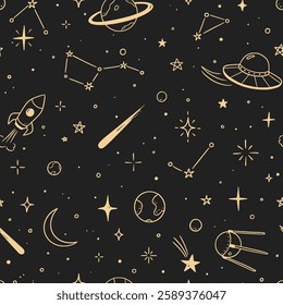 Space star vector seamless pattern. Hand drawn doodle sketch line style galaxy planet star, rocket, moon cute kid seamless pattern. Space planet kid doodle background. Vector illustration