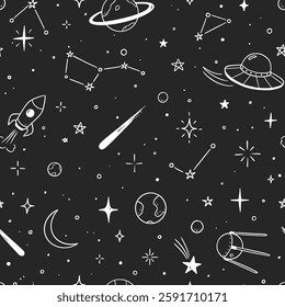 Space star vector seamless pattern. Hand drawn doodle sketch line style galaxy planet star, rocket, moon cute kid seamless pattern. Space planet kid doodle background. Vector illustration