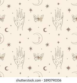 Space starry moon magic boho seamless pattern.