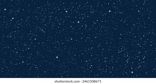 Space stars background, Cartoon starry illustration. Universe starry pattern with glowing stars and comets.Night sky constellations galaxy. Vector graphic.