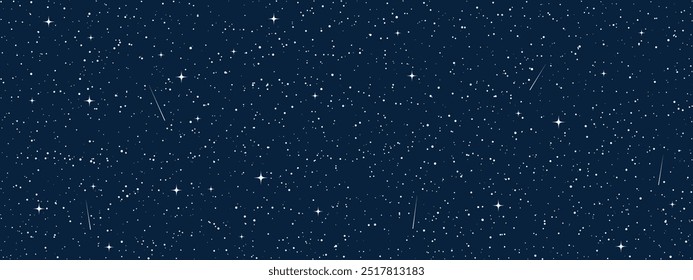 Estrelas espaciais ao fundo, ilustração estrelada dos desenhos animados. Universo estrelado padrão com estrelas e cometas brilhantes. Galáxia das constelações do céu noturno. Gráfico vetorial.