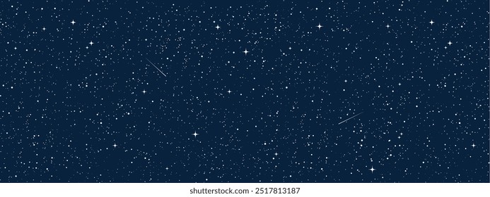 Estrelas espaciais ao fundo, ilustração estrelada dos desenhos animados. Universo estrelado padrão com estrelas e cometas brilhantes. Galáxia das constelações do céu noturno. Gráfico vetorial.