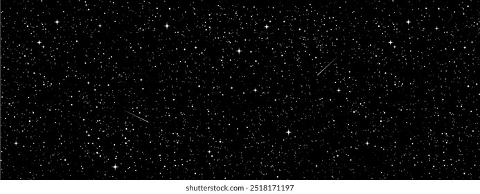 Space stars background, Cartoon starry illustration. Universe starry pattern with glowing stars and comets. Night sky constellations galaxy. Vector graphic.