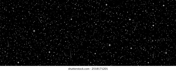 Fondo de estrellas espaciales, ilustración estrellada de dibujos animados. Patrón estrellado del universo con estrellas y cometas brillantes. Constelaciones del cielo nocturno. Vector gráfico.