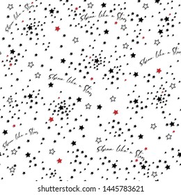 Space stars background, white sky and black stars with wording “Shine like a stars” random seamless vector pattern. Stars on the sky vector illustration on white background color