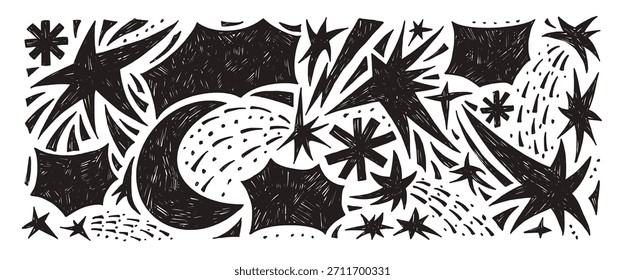 Raumsterne und Knall Textfeld Holzkohle abstrakte geometrische Formen Hintergrund Set. Twinkle, Mond Freeform abstrakte handgezeichnete Doodle-Figuren. Sternenfunken aus Linocut, funkelnde Form. Vektorgrafik.