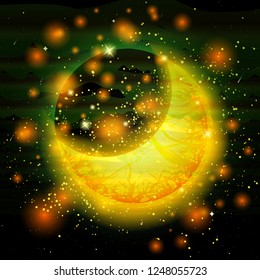 Space and stars. Fantastic illustration. Moon eclipse. Magic crescent. Fantasy art. Gothic.