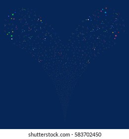 Space Stars fireworks stream. Vector illustration style is flat bright multicolored iconic symbols on a blue background. Object double fountain organized from random icons.