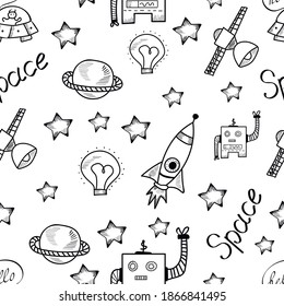 Space, stars hand drawn vector seamless patten isolated on white background. Concept for wallpaper, wrapping paper, cards