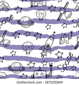 space, stars, hand drawn vector seamless pattern on white background. Concept for wallpaper, wrapping paper, cards 