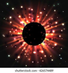 Space, stars and planet. Big bang. Black hole abstract light. bright flash, Star dust sparks in explosion or burst on the black background. Vector illustration