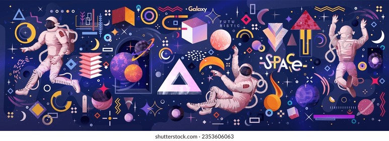 Space stars and planets. Astronaut in spacesuit. Geometric shapes. Galaxy future technology. Psychedelic astronomy. Futuristic spaceman. Universe explorer. Vector exact illustration