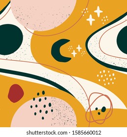 Space, stars, planets. Hand drawn various shapes and doodle objects. Abstract contemporary modern trendy vector seamless pattern. Wallpaper. Perfect for textile prints