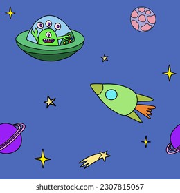 Espacio con estrellas, planetas, cohete y nave espacial alienígena, patrón sin costura, vector de dibujos animados estilo doodle