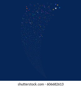 Space Stars random fireworks stream. Vector illustration style is flat bright multicolored iconic symbols on a blue background. Object fountain combined from scattered icons.