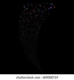 Space Stars random fireworks stream. Vector illustration style is flat bright multicolored iconic symbols on a black background. Object fountain constructed from scattered icons.