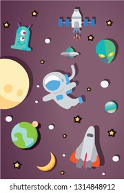 space with stars, rocket and UFO