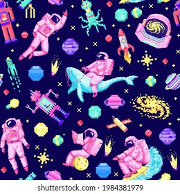 Space stars Seamless pattern. Alien spaceman, robot rocket and satellite cubes solar system planets pixel art, digital vintage game style. Cosmonaut on whale. Venus, Earth, Mars, Jupite