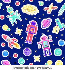 Space stars Seamless pattern. Alien spaceman, robot rocket and satellite cubes solar system planets pixel art, digital vintage game style. Mercury, Venus, Earth, Mars, Jupiter. icons composition.