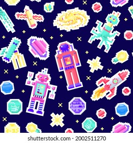 Space stars Seamless pattern. Alien spaceman, robot rocket and satellite cubes solar system planets pixel art, digital vintage game style. Mercury, Venus, Earth, Mars, Jupiter. icons composition.