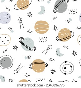 Space and stars seamless pattern for kids. Hand drawn stars background in cartoon style Use for prints, wallpaper, decorations, textiles. Vector illustration.