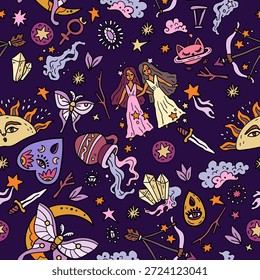 Space and stars seamless pattern with Western astrology. Zodiac animals. A cosmic fantasy backdrop for teenagers and small children. Fun zodiac and tarot cards. Fortune telling and magic