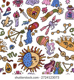 Patrón sin fisuras del espacio y las estrellas con la astrología occidental. Animales del zodiaco. Un telón de fondo de fantasía cósmica para adolescentes y niños Pequeños. Divertidas cartas de zodiaco y tarot. La adivinación y la magia