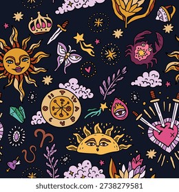 Space and stars seamless pattern with Western astrology. Zodiac animals. A cosmic fantasy backdrop for teenagers and small children. Fun zodiac and tarot cards. Fortune telling and magic