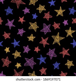Space stars sketch. Seamless pattern. Hand drawn vector illustration. Pen or marker doodle. Line art silhouettes. Repeat contour drawing