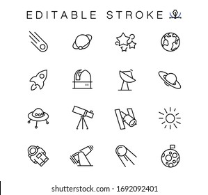 Space and stars vector linear icons set. Astronomy and space outline symbols pack. Collection of simple cosmos object icons isolated contour illustrations. Earth. Moon. Telescope. Sputnik. Sun. Stars